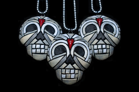 Skull Necklace, Human Head Skeleton Charm, Ancient Artifact Reproduction, Creepy Style, Face, Bones, Halloween, Creepy Mosaic Art to Wear