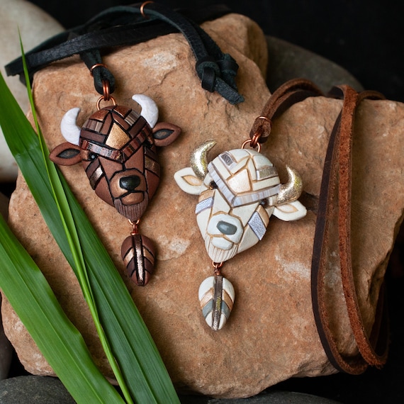 White or Brown Bison Buffalo Necklace: Handmade Western Gift