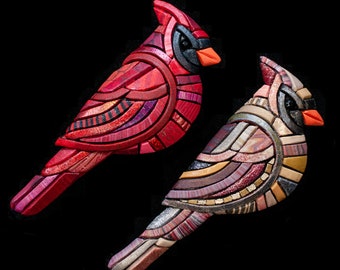 Cardinal Pin Brooch, Male or Female Bird, Red Mosaic Art to Wear, Festive Holiday Style, Unique Gift Idea for her, Nature Spirit Animal fly