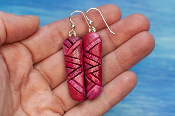 Berry Earrings, Color of the year, Bright Pink Mosaic Art, Trendy gift idea for her, Valentine , Sterling silver wires, lightweight dangle