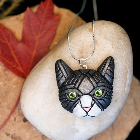 Tuxedo Cat Face Necklace With Green Peridot crystal Eyes, Pet Portrait, Unique Gift idea for cat person, Mosaic Art to wear, Cute and fun!