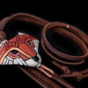 Portuguese Knitting Pendant, Fox, Gift for knitter, knitting tool accessory, Adjustable Leather Cord, hook, Rustic Western Style, mosaic art
