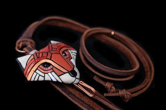 Portuguese Knitting Pendant, Fox, Gift for knitter, knitting tool accessory, Adjustable Leather Cord, hook, Rustic Western Style, mosaic art
