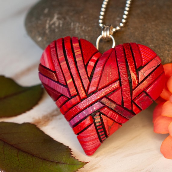 Heart Necklace, Bright Red Mosaic Art, Symbol of Love, Valentine's Day Gift, Handmade