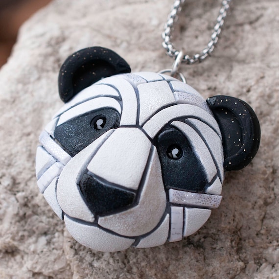 Panda Bear Necklace, Unique animal gift idea, Mosaic art to wear, Zoo Animal, symbol of China, Geometric Design, spirit animal, face, head