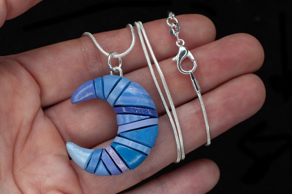 Crescent Moon Mosaic Necklace in Lavender Purple, Unique Celestial Lunar Gift Idea, Hangs from 18" Silver-Plated Snake Chain, Galaxy Theme