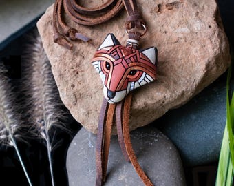 Red Fox Necklace on Adjustable-length Leather Cord, Rustic Western