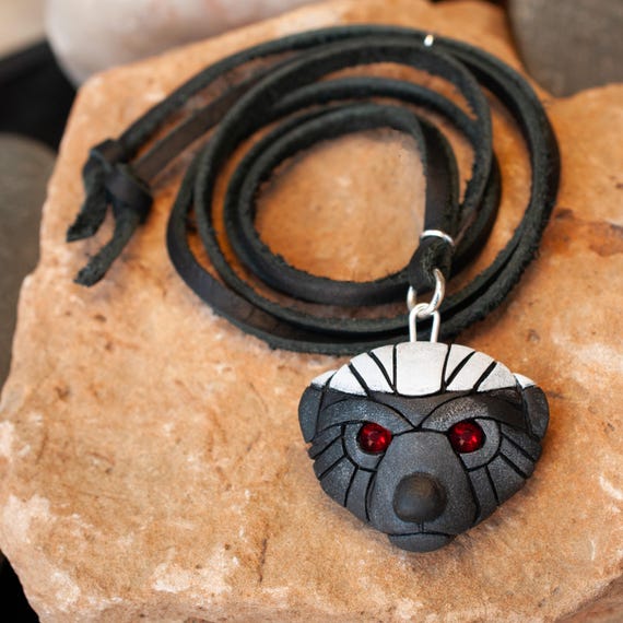 Honey Badger Necklace with Red Crystal Eyes – Tribal Animal Pendant – African Symbol Jewelry – Adjustable Leather Cord