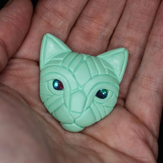 Lime Cream Cat Magnet, Cute Mint Green Kitty for the Fridge, Unique Gift idea for Cat Lover, Sparkly Magical Eyes, Trendy Color of the Year