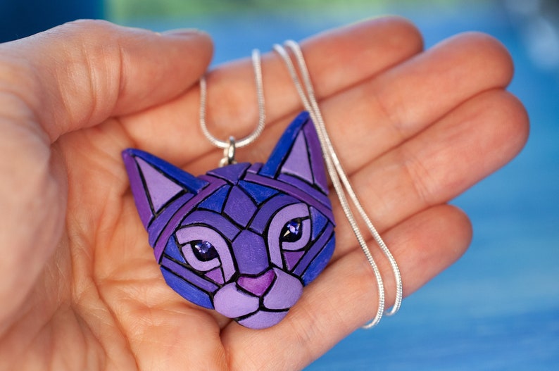 Cat Necklace, Royal Purple With Violet Eyes, Mosaic art to wear, Personalize with name on the back, Fantasy Pet Portrait, Unique Gift idea image 1