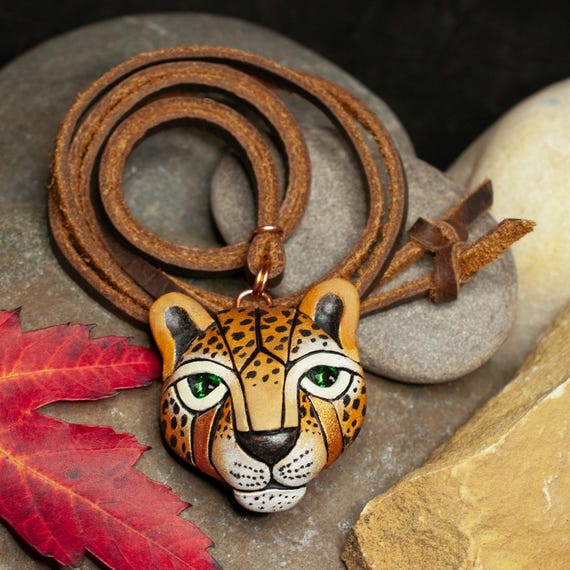 Leopard Necklace on Leather Cord, Handmade Mosaic Jewelry, African Animal Totem