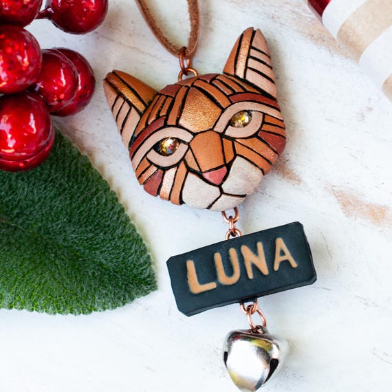 Personalized Cat Ornament, Handmade Pet Keepsake, Holiday Gift, 5 Color Options