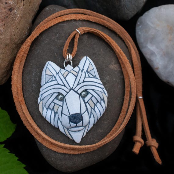 White Wolf Mosaic Necklace on Leather, American Native, Western Symbol, Unique Gift Idea for Nature Lover, Spirit Animal Totem, Wild & Free