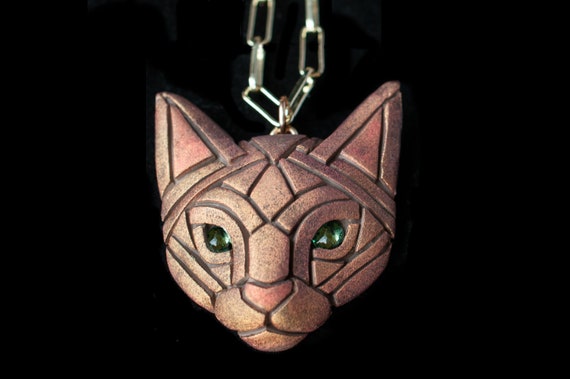 Ginger Cat Face Necklace, Gold Mosaic Cat Charm, Choice of Cord or Chain, Unique Gift Idea for Cat Lovers, Put your cat's name on back