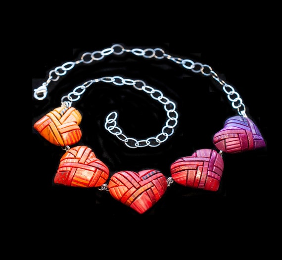 Heart Necklace, Valentine Gift idea for her, Unique Style Statement piece, Ombre Mosaic, Bright Beautiful colors, Love symbol Sterling Chain