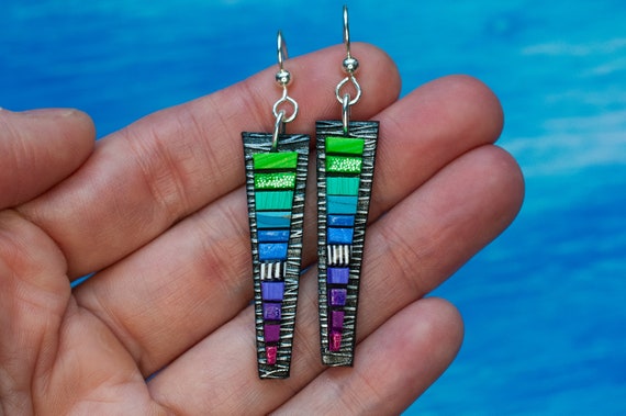 Earrings, Oblong Rectangular Spike Shape, Colorful Mosaic Stripes on Black Base, Fun Rainbow Ombre Color Blends, Sterling Silver wire, Light
