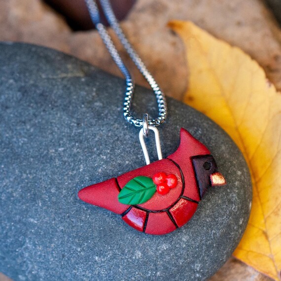 Cardinal Necklace, Bright Red Bird with Holly, Native American Species, Christmas Holiday Mosaic Art to Wear, Festive Style, Cute Gift Idea