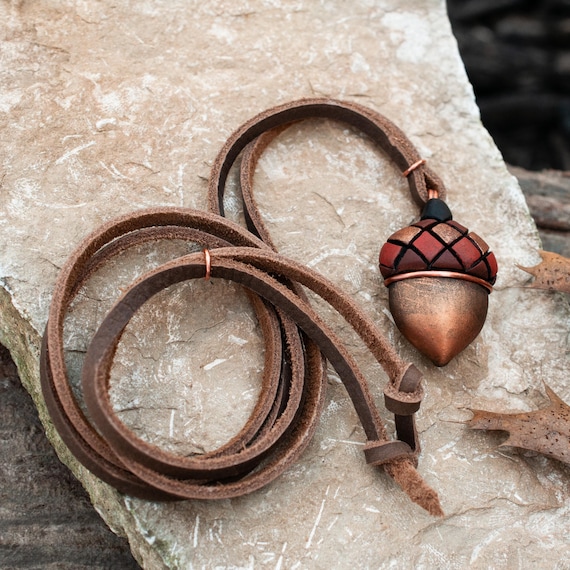 Acorn Necklace, Handmade Nature Pendant, Leather or Black Cord, Woodland Jewelry, Original Linda Webb Art, Oak Tree Gift