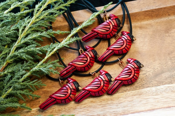 Cardinal necklace, Bright Red bird, Native American species, Christmas holiday Mosaic Art to wear, Festive Style, Unique Gift idea, red male