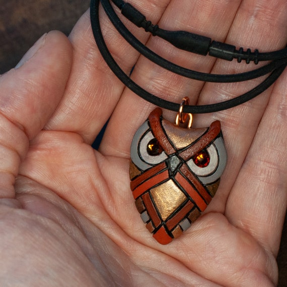 Great Horned Owl Necklace, Neutral colors, Bird of prey mosaic art, Unique gift Idea for nature lovers, Spirit Animal, American native