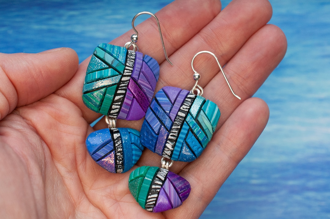 Earrings, Ombre Colors of Blue, Green & Purple, Abstract Mosaic, Unique ...