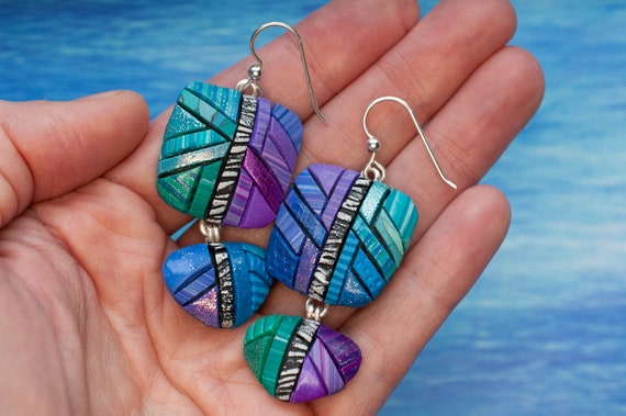 Earrings, Ombre colors of blue, green & purple, Abstract Mosaic, Unique Gift Idea, Sterling Silver, Zebra stripe in center, Very lightweight
