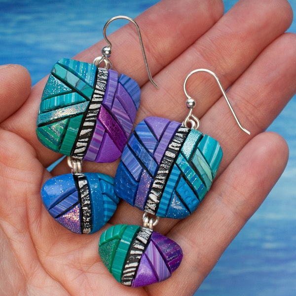 Earrings, Ombre colors of blue, green & purple, Abstract Mosaic, Unique Gift Idea, Sterling Silver, Zebra stripe in center, Very lightweight