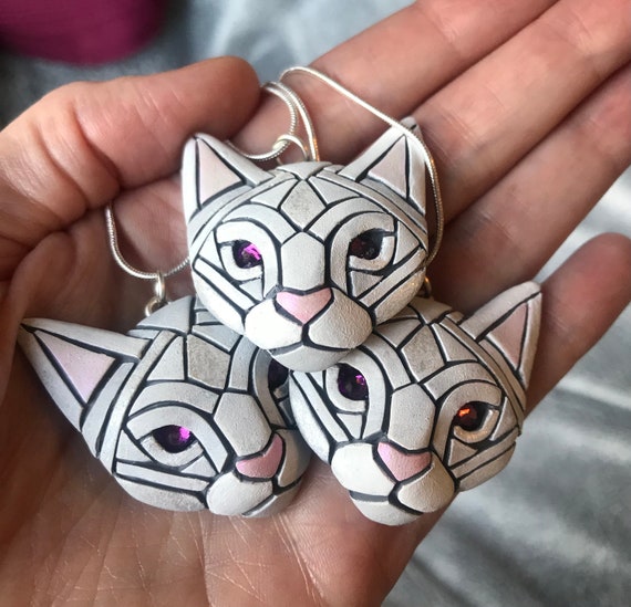 White Cat Face Necklace With Amethyst Eyes, Pet Portrait, Unique Gift idea, Animal lover, pet parent, Cat lady, Mosaic wearable art cute fun