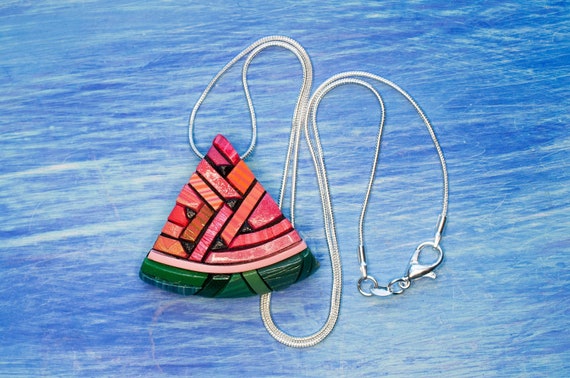 Watermelon Mosaic Necklace, Summer Farm Fresh Fruit, Cute & Sweet, Pink, Green, Shiny Little Black Seeds, Refreshing fun Unique gift idea