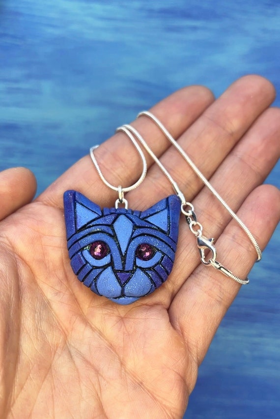 Galaxy Blue Cat Necklace With Violet Amethyst Eyes, Personalize with name on the back, February Birthstone, Fantasy Pet Portrait, Gift idea