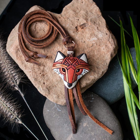 Red Fox Necklace on Adjustable-length Leather Cord, Rustic Western Style, Spirit Animal, Unique Handmade Gift Idea,