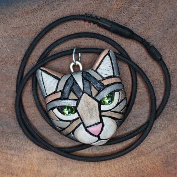 Tabby kitty cat mosaic necklace, cute pet portrait, amulet, neutral colors with green eyes, Animal art to wear, pet name can be put on back