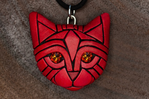 Bright Red Cat Necklace With Golden Eyes, Fantasy Pet Portrait Gift idea, Personalize kitty with name on the back, love your animal, kitten