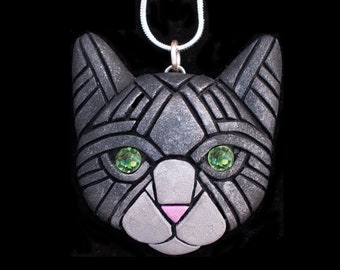 Tuxedo Cat Face Necklace With Green Peridot Eyes, Personalized Option, Pet Portrait, Unique Gift idea, Mosaic Art to wear, Cute and fun!