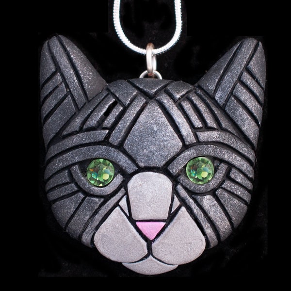 Tuxedo Cat Face Necklace With Green Peridot Eyes, Personalized Option, Pet Portrait, Unique Gift idea, Mosaic Art to wear, Cute and fun!