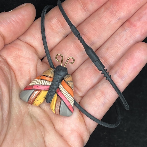 Moth Mosaic Pendant in Neutrals, Flying Insect Jewelry, Cute Bug Necklace, Stretchy 18" Black Cord with Snap Closure, Nature Gift Idea