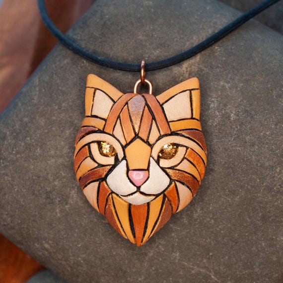 Ginger Cat Pendant Necklace – Orange Long-haired kitty cat jewelry – Personalizable Gift for Cat Lovers. Handmade Gift Idea, 2 cord choices