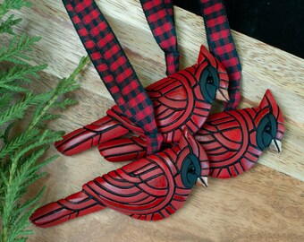 Cardinal Ornament on Buffalo plaid ribbon, Bright Red Christmas Bird Decoration, Mosaic Art, Festive Holiday Style, Unique Gift idea, tree