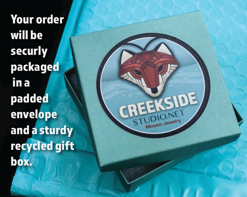 Your package will arrive securely-packaged in a sturdy, recycled, teal or black box and  padded envelope.
Free shipping in the United States