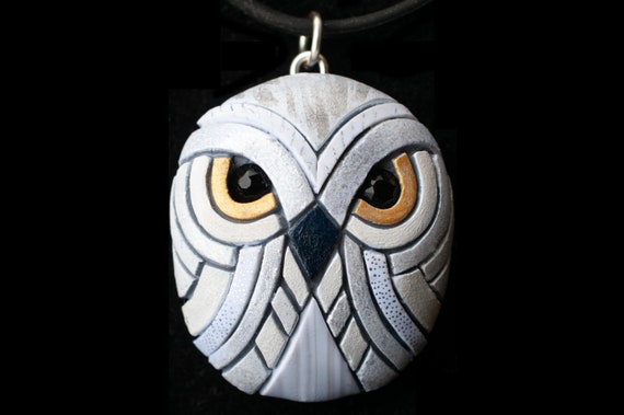 Snowy Owl Necklace, Unique gift Idea for bird lover, bird of prey, mosaic art, small cute Spirit Animal, totem, white owl, American native