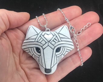 Arctic Fox Mosaic Necklace on Silver chain, White Spirit Animal Totem, Unique Gift Idea for Nature Lover, Can be Personalized, Winter White