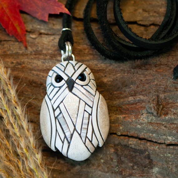 Snowy Owl Necklace, White Owl Pendant, Mosaic Bird Jewelry, Owl Lover Gift, Handmade Wildlife Necklace