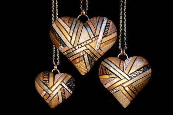 Gold Heart Necklace, Shiny Mosaic Art, Christmas gift idea, 3 sizes anniversary, Symbol of Love friendship, Festive Holiday bling, valentine