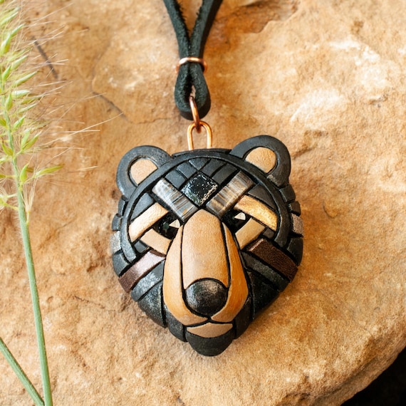 Black Bear Necklace, Wildlife Jewelry, Western Bear Art, Handmade Mosaic Pendant, Nature Lover Gift, Leather Cord