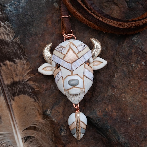 White Bison Buffalo Necklace on Leather: Handmade Western Gift, Brown option available