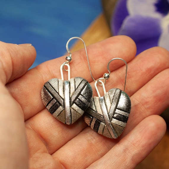 Chrome Heart Earrings – Shiny Silver Mosaic Hearts on Sterling Silver Ear wires – Trendy Lightweight Dangly Earrings, Handmade Jewelry Gift