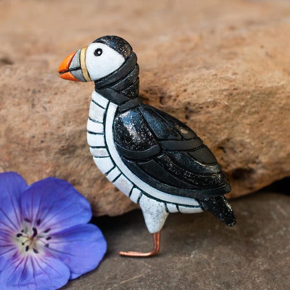 Puffin Pin, Bird Brooch, Mosaic Art to Wear, Gift Idea for Animal Lovers