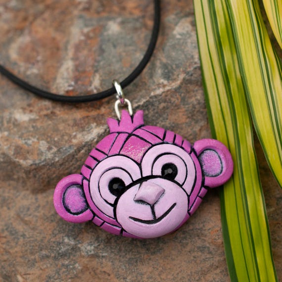 Pink Monkey Necklace, Cute Animal Jewelry Gift, Funny Handmade Pendant