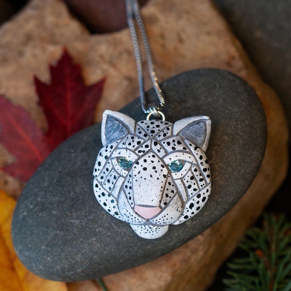 Snow Leopard Necklace, Big Cat Spirit Animal Charm, Himalayan Wildlife, Alpine Wildcat. Unique Nature Gift idea, face, head, Unisex, Spots