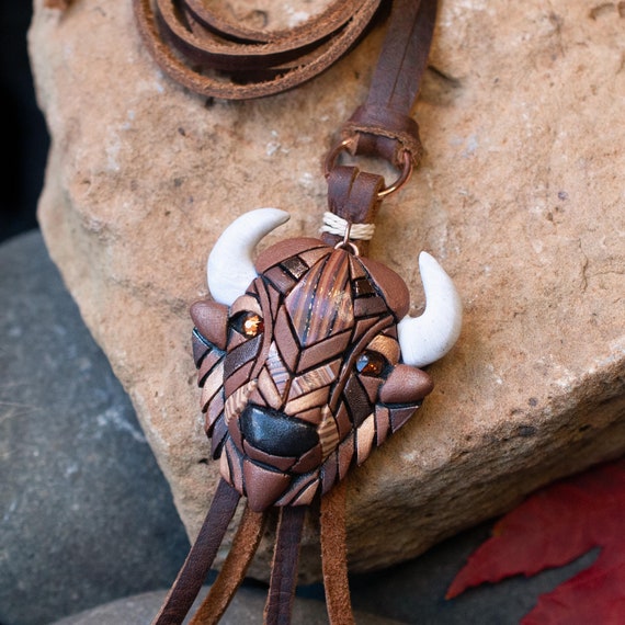 Bison Buffalo Necklace on Western Style Leather Cord, Spirit Animal Head, Mosaic art design, Unique Gift Idea, Native American, Wild, Free